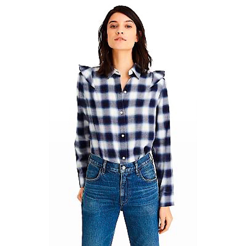 CLUB MONACO Evira Plaid Frill Shoulder Top